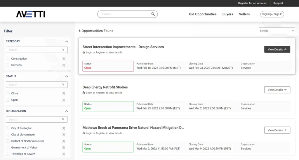 Screenshot of B2B Tenders Marketplace Category Page