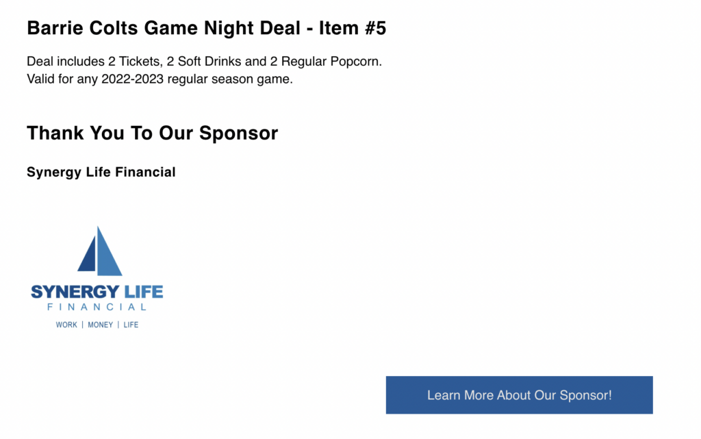Screenshot of Auction Item Page Showing Item Details and Sponsor Information