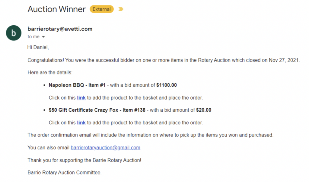 Screenshot of Auction Win Email Notification