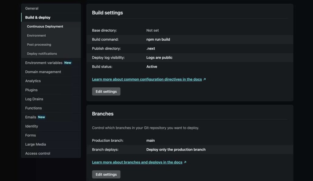 Captura de pantalla del panel de Netlify