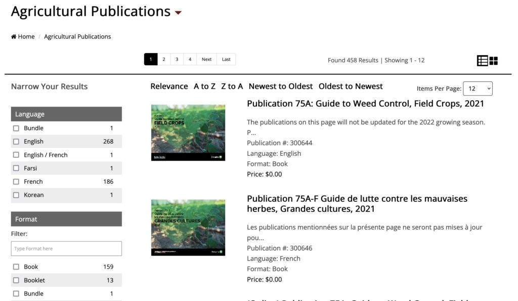 Capture d'écran d'une page de la catégorie Publications Ontario