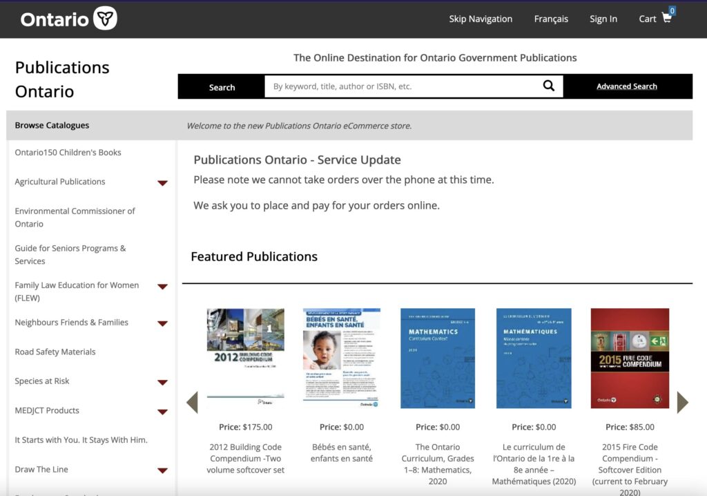 Capture d'écran de la page d'accueil de Publications Ontario