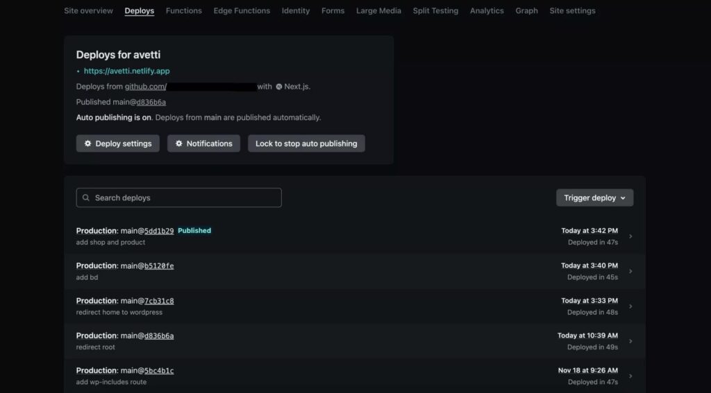 لقطة شاشة للوحة معلومات Netlify